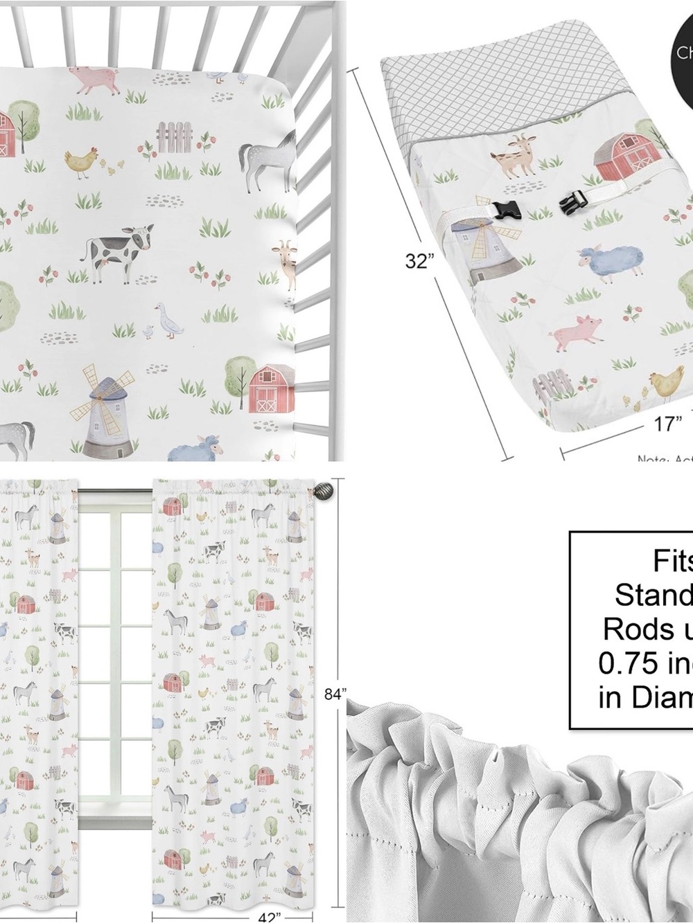 Sweet Jojo designs watercolor farm animal bedroom set with curtains